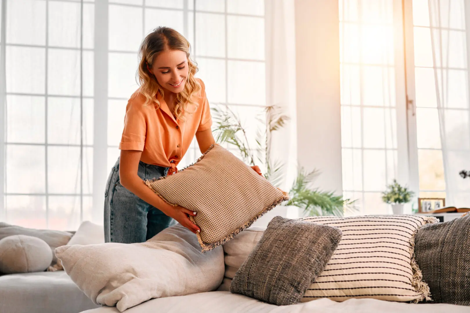 Beautiful lady with wavy blond hair adjusting soft cushions on modern sofa. A woman is holding a pillow on top of the bed.