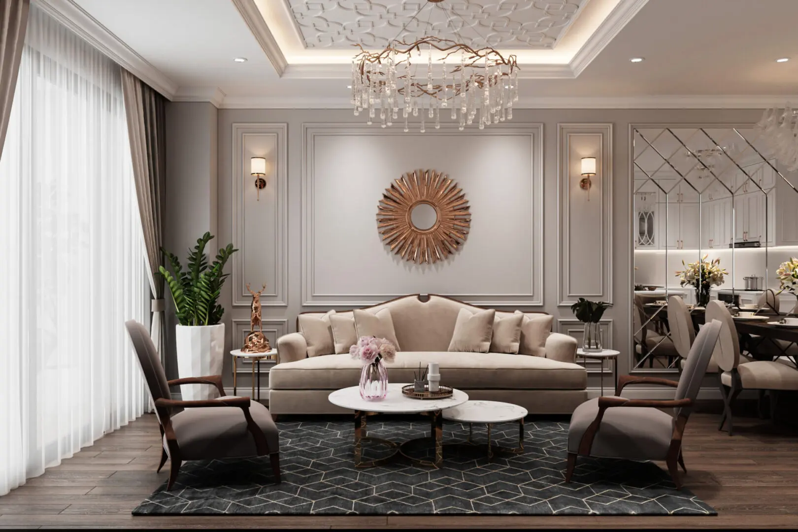 Elegant living room with chandelier and decor.