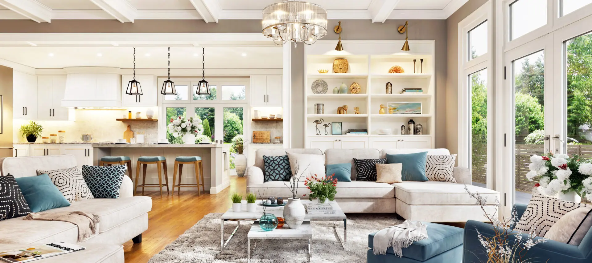 Modern open living room with kitchen view.