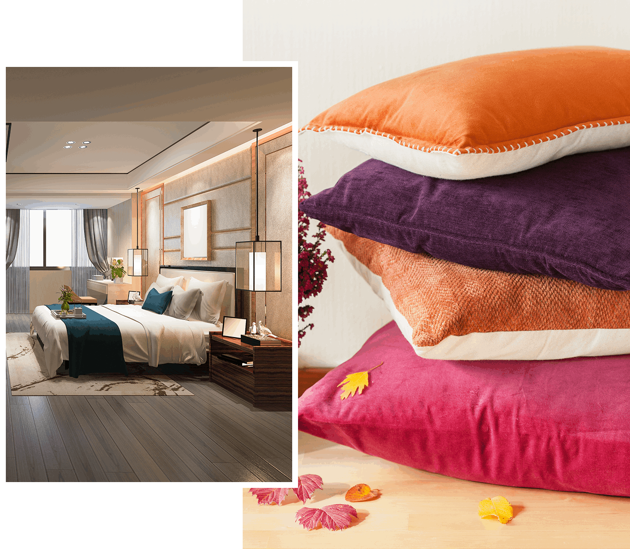 Group 1321317407 Elegant bedroom with colorful stacked pillows.