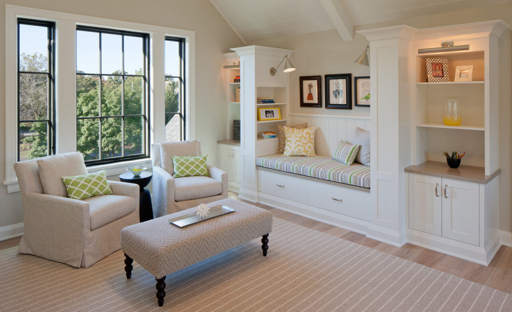 Second Level Sitting Room with Built-in Bench, Interior Design by Francesca Owings Interior Design, Grand Rapids, Michigan - Custom Decorative Pillows by Pillows by Dezign