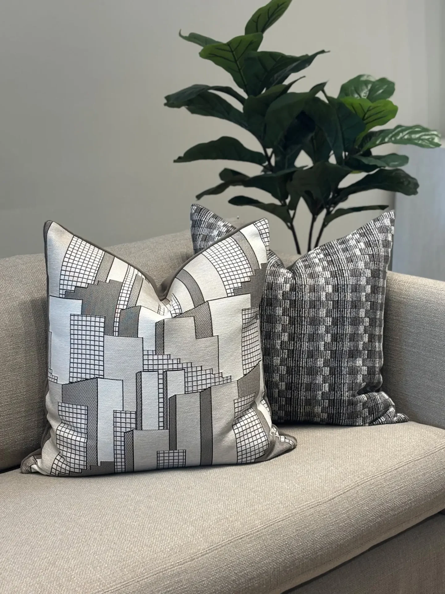 682b563cdb134_web pic 2 Two pillows on a couch with a plant in the background.